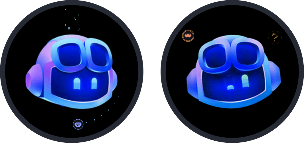 The Copilot character showing a Copilot badge while working and a Claude Code badge while needing attention