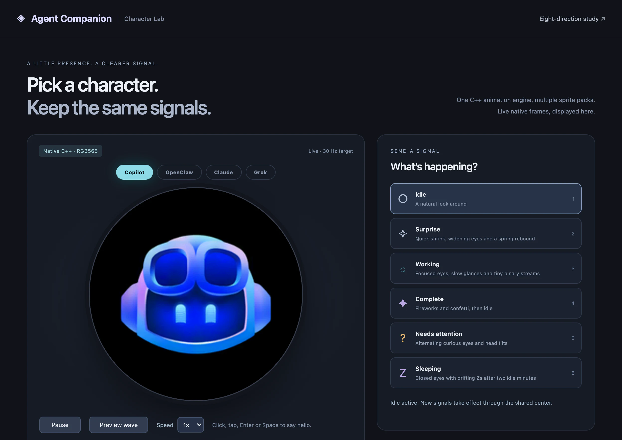 Character Lab, as it looks now, with character and animation controls