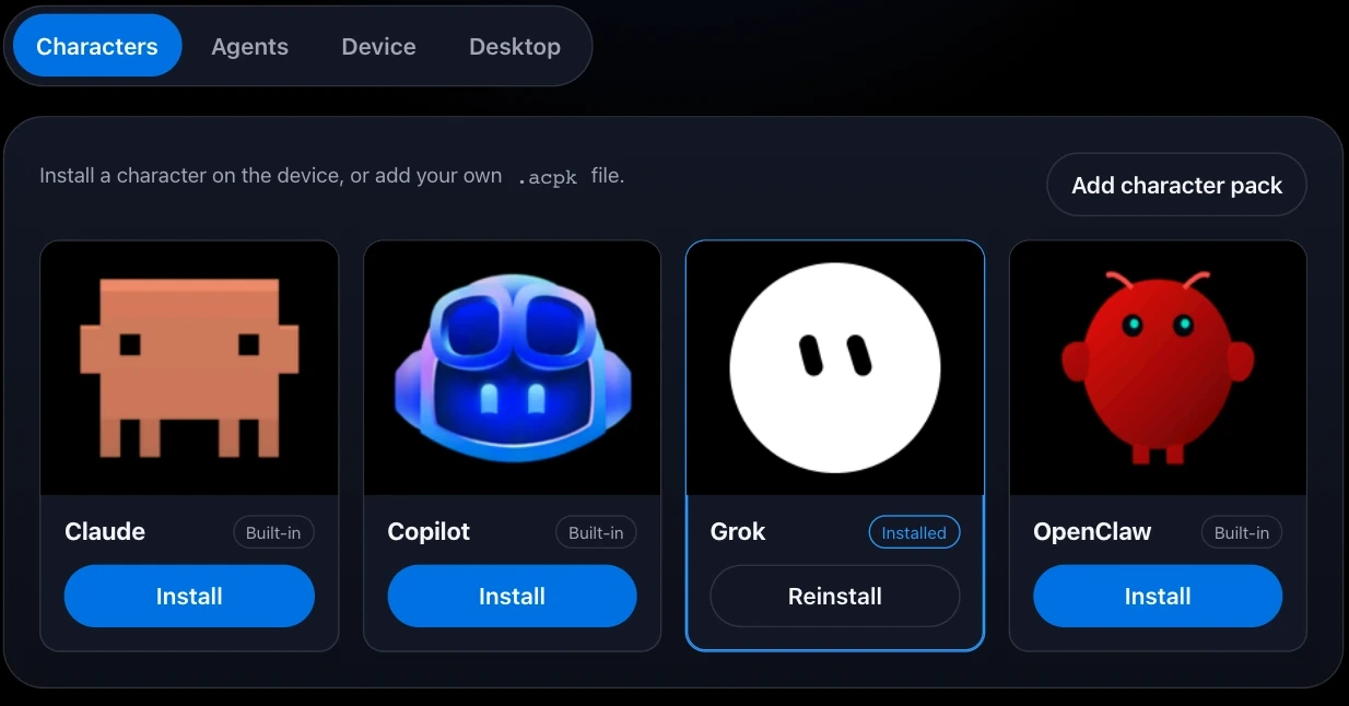 Character selection in the Agent Buddy desktop app's Settings, with Claude, Copilot, Grok, and OpenClaw