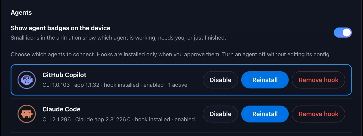 Agent Buddy desktop app Settings showing the GitHub Copilot and Claude Code connection rows, including CLI and app versions