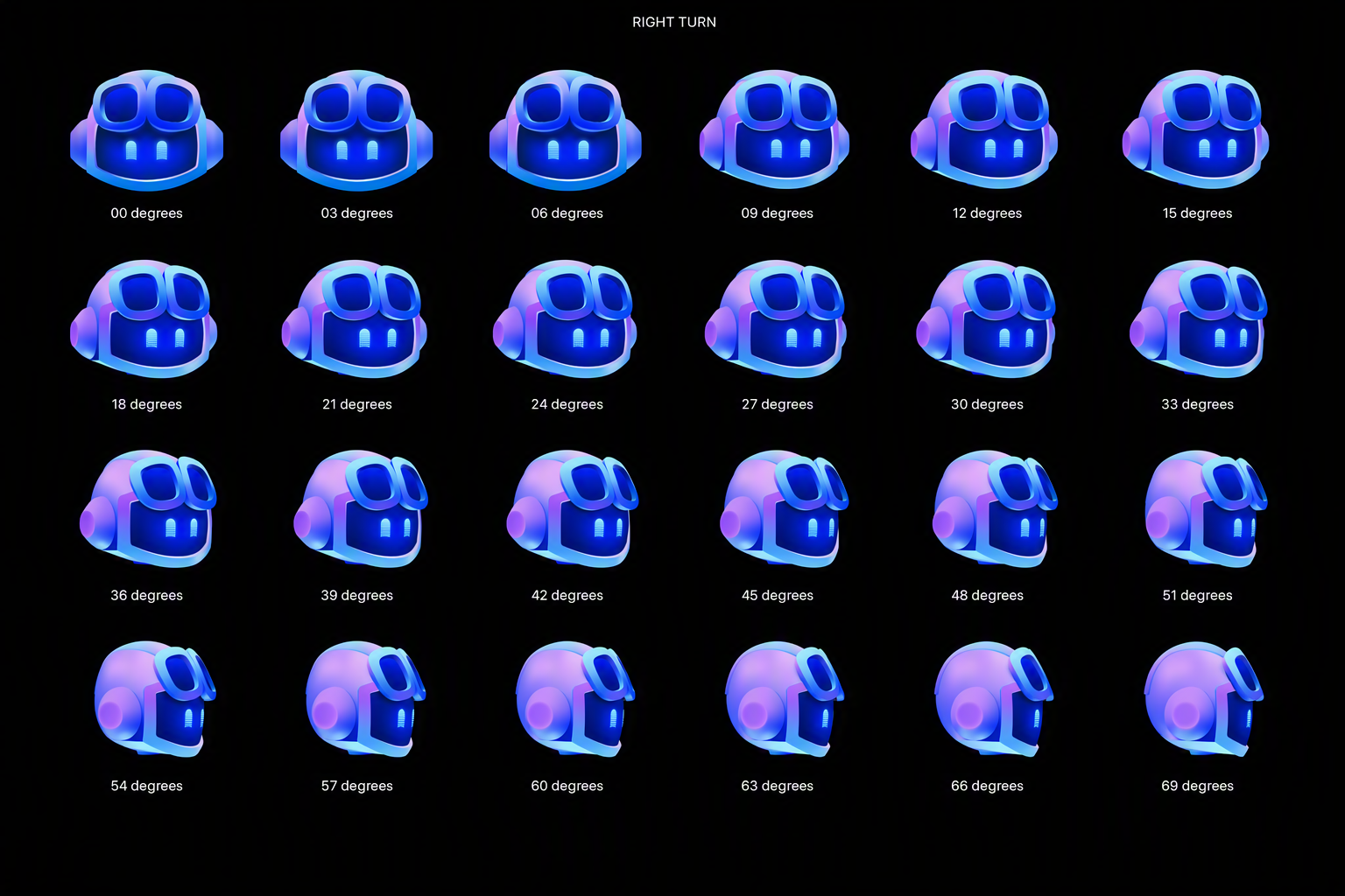 Copilot right-turn sprite sheet with 24 poses arranged in four rows
