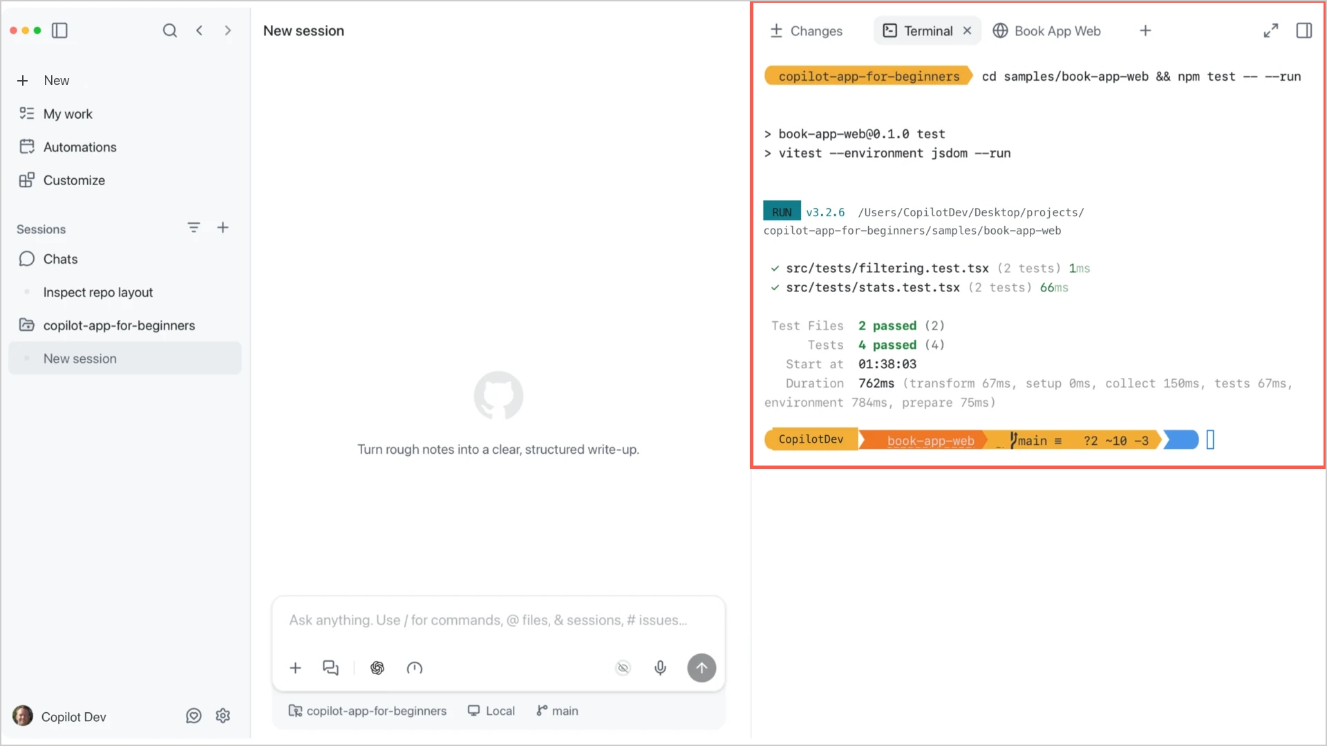 The review panel with Changes, Terminal, and Book App Web browser tabs, showing passing tests