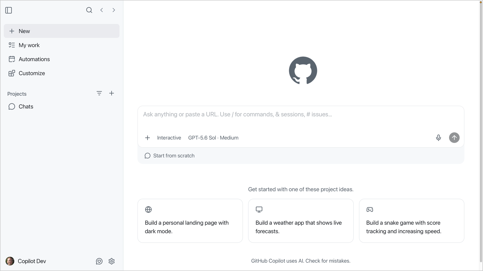 The GitHub Copilot app New page with the sidebar, prompt box, and mode and model picker