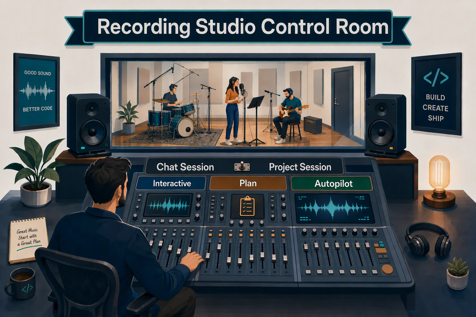Producer's control room analogy for GitHub Copilot app session modes