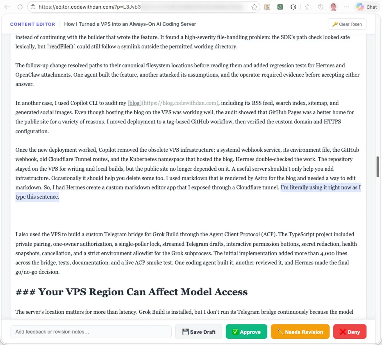 CodeWithDan content editor displaying the VPS article in preview mode