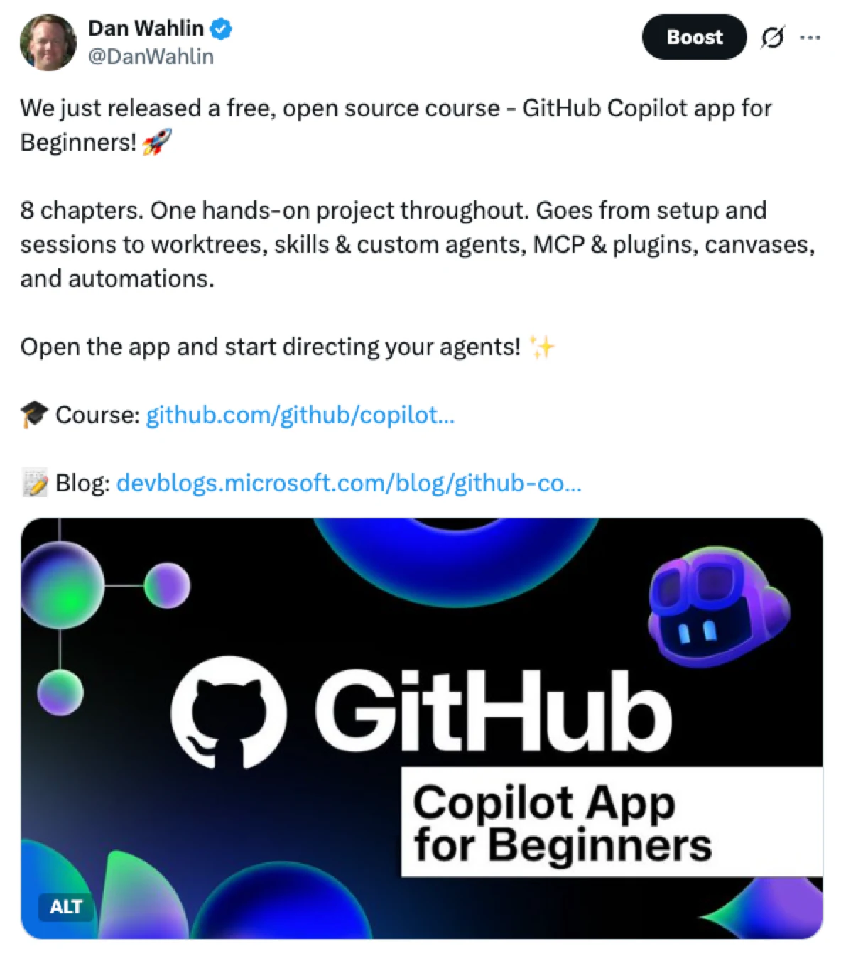 X post announcing the GitHub Copilot app for Beginners course