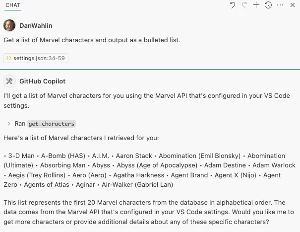 Example of a prompt in GitHub Copilot in VS Code that triggers a Marvel MCP server tool.
